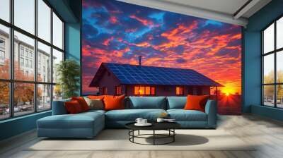 Close up of solar panels on roof with beautiful blue sky and sun light in sunset time, green energy concept , photo realistic, high resolution photography  Wall mural