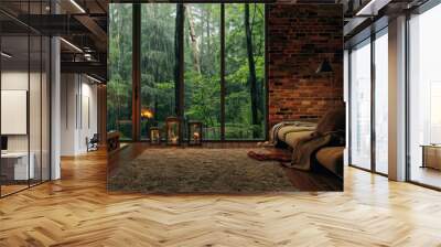 cozy relaxing cabin in the woods, living room with fireplace, rainy forest view, brick wall, 4K UHD  Wall mural