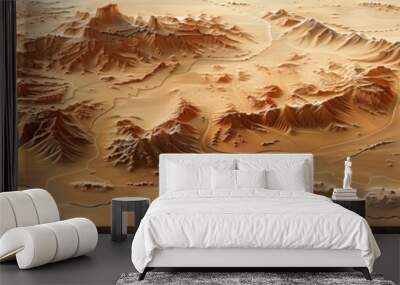 Draw a map sand table with mountains, sand roads, and deserts in the desert, using two point perspective,  Wall mural