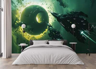 Draw flying ships of the future, two ships in space flying towards a black hole from which light emanates, style 3d render cyberpunk game teal in black and yellow colours with a slight neon glow effec Wall mural