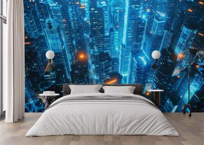 Energy power of future big city concept neon cyber light skyscraper building of business area architecture simulation technology digital fly over view blue theme. Wall mural