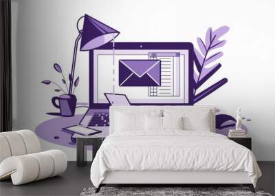 Envision a minimalist vector illustration for a blog post, featuring a laptop receiving mail with an envelope icon entering the screen, accented with purple hues against a clean white background, symb Wall mural