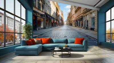 european city street, empty, one point perspective, photography, realistic  Wall mural