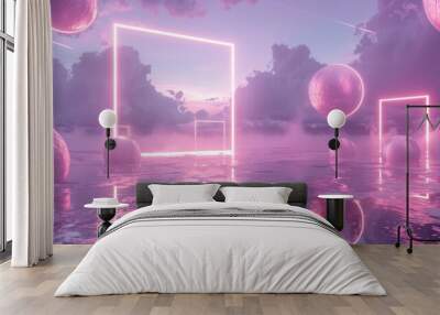 Futuristic scene with floating spheres and a rectangular frame above a water surface, creating a surreal and ethereal atmosphere Wall mural