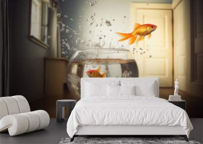 Goldfish jumped out of the fishbowl. Wall mural