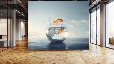 Goldfish jumped out of the fishbowl. Wall mural