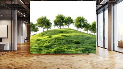 Green landscape with scattered trees on a grassy hill, set against a white background, creating a peaceful and natural outdoor scene Wall mural