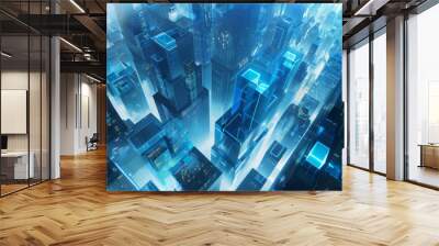 High tech city concept blue cubes with skyscrapers high tech buildings tiling. Wall mural