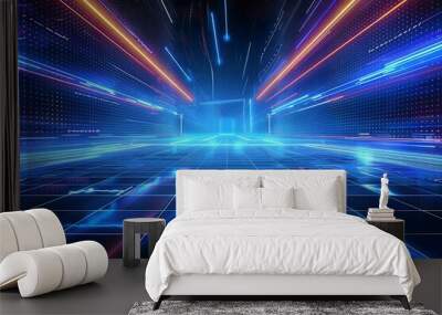 Horizon of a digital grid, blue neon lights, futuristic landscape, glowing lines, virtual reality, 3D rendering  Wall mural