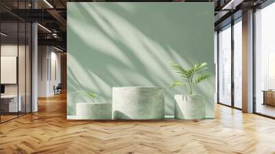 imagine a frontal view of some concrete podium stages covered with gardening products, on a light green backdrop, Studio photography, soft shadows  Wall mural