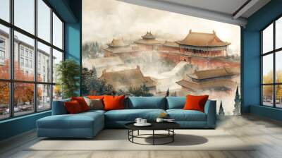 In traditional Chinese ink painting style, depict a grand palace complex from the Tang dynasty, with soft, flowing lines and muted tones Wall mural