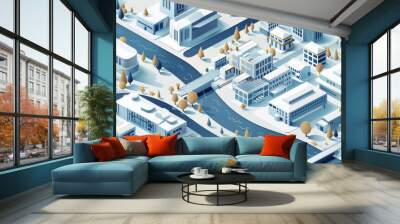 Isometric map or scheme of city with downtown industrial district suburban area paper white buildings houses and river.  Wall mural