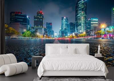 Mexico City urban cityscape skyline night scene with empty asphalt floor on front  Wall mural