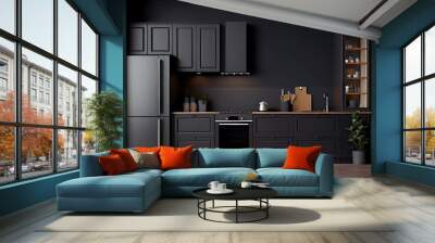 Modern kitchen in dark style. Wall mural