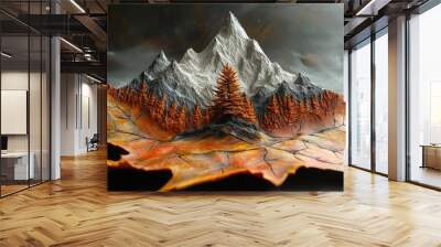 mountain and tree carving on autumn fall leaf,  Wall mural