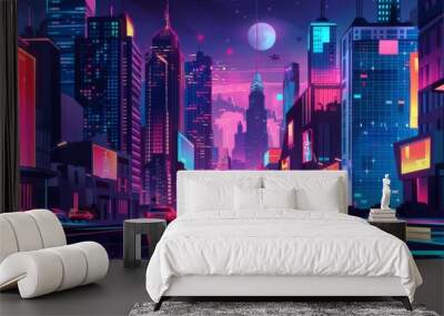 Nighttime futuristic city with buildings styled like superhero comics, dazzling lights, vibrant street life  Wall mural