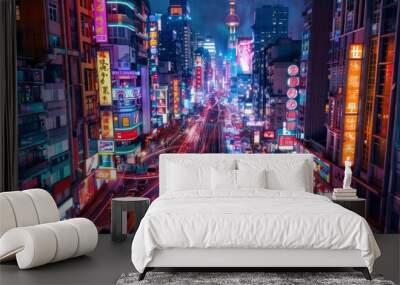 Nighttime futuristic city with buildings styled like superhero comics, dazzling lights, vibrant street life  Wall mural