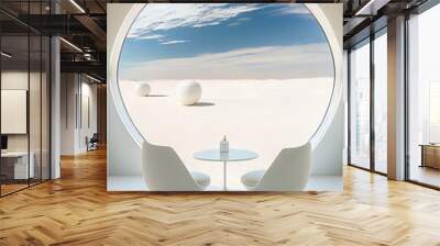 On the desert of an alien planet, there is a modern and simple building, two white modern chairs and a white table, and a huge planet hangs in the sky. Wall mural