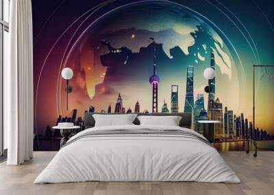 Shanghai skyline and internet concep Wall mural