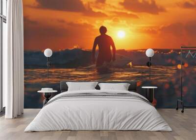 Silhouette of a surfer at sunset on the atlantic ocean in Lacanau France, panorama and surf concept  Wall mural