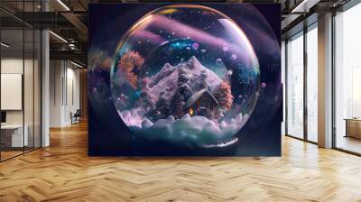 Surreal snow mountain landscape inside a glass ball. Wall mural