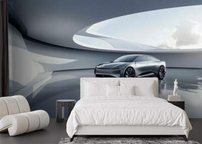 The new energy vehicle is displayed in the center of an abstract background with circular curves and light reflection on its body Wall mural