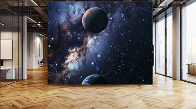 Three-dimensional view of outer space and three planets. Wall mural