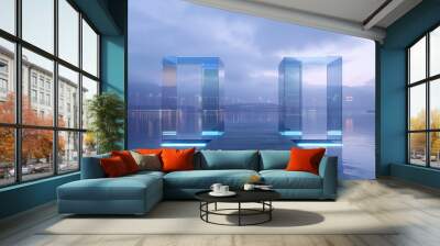 Two glass structures facing the water and city. Wall mural