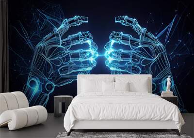 Two robot fingers touch each other on a blue background. Wall mural