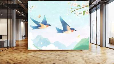 Two swallows fly in the sky, with spring scenery on both sides and a light blue background color Wall mural