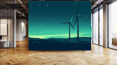 Two wind turbines in a field with the night sky. Wall mural