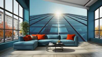 View of high rise glass building and dark steel window system on blue clear sky background Business concept of future architecture looking up to the sun light on the top of building. 3d render  Wall mural