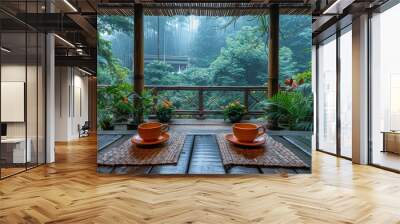 view of the forest from the awning of the resort made of bamboo, there is a table with 2 cups of coffee, colorful, cozy, relaxing, the space seems a bit purple  Wall mural