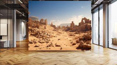 Enchanted Desert Ruins In Warm Sand. Fantastical Desert Ruins Wallpaper And Background. Ancient Old Desert Ruins Landscape. Generative AI Wall mural