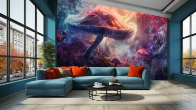 Fantasy And Glowing Mushroom With A Enchanting Forest Backdrop. Ethereal Colors With Glowing Elements. Dreamscape Mushroom Concept Wall mural