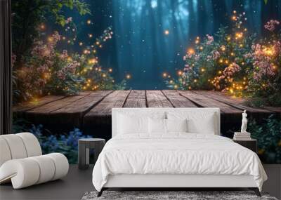 Fantasy Wooden Platform With Plants In Enchanted Forest At Night, Fantasy Wooden Podium Background, Product Display Wall mural