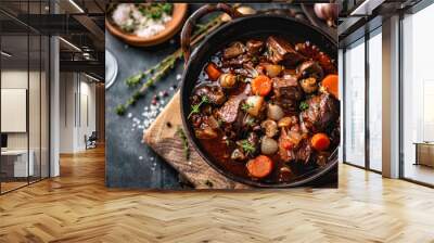 French Beef Bourguignon Dish, Stew Braised in Red Burgundy Wine, Cooked with Carrots, Onions, Garlic, a Bouquet Garni, Mushrooms and Lardons Wall mural