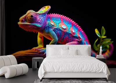 glowing psychedelic chameleon figurine with bright colors, hyper realistic bioluminescent chamelon f Wall mural