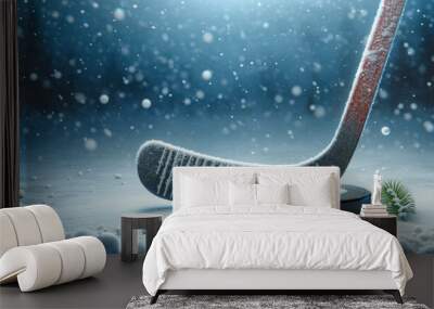 Hockey Stick And Hockey Puck On Snow Banner. Hockey Banner With Copyspace and Text Space. Snowy Hockey Winter Season Wall mural