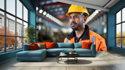 Portrait Arab Male Factory Worker Wearing A Safety Helmet And Industrial Uniform In A Factory, Man Worker Wall mural