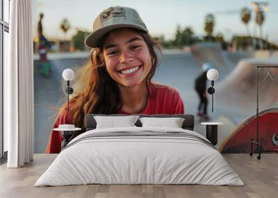 Portrait Of Happy Smiling Woman Skater In A Skatepark Wall mural