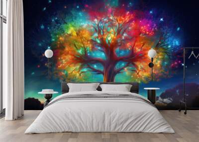 Psychedelic Yggdrasil Cosmic Tree Of Life Of Viking Mythology World Tree Reimagined. Fairytale Landscape And Background. Generative AI Wall mural