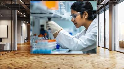 Side View Of An Indian Female Scientist Using A Micro Pipette In A Test Tube For Test Analysis In A Laboratory Wall mural