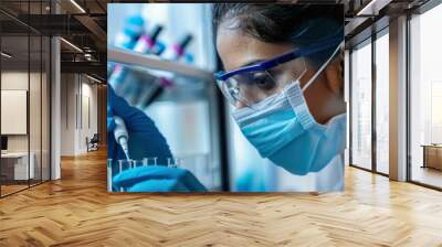 Side View Of An Indian Female Scientist With Medical Mask Using A Micro Pipette In A Test Tube For Test Analysis In A Laboratory Wall mural