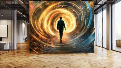 Surreal Illustation Of A Man Stepping Through A Glowing, Swirling Portal, In A Fantasy Forest, Futuristic Wall mural