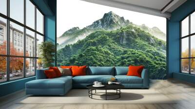 Vegetated Green Moutain Isolated On Transparent Background. Peaks With Vegetation, Forest And Jungle. Realistic Mountain Environment Wall mural