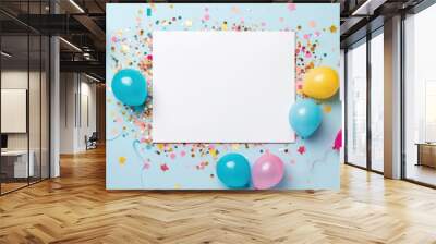 White Blank Birthday Card Mockup with Festive Accents On Light Blue Backdrop, Confetti And Balloons. Birthday Greetings Mock Up Template. Generative AI Wall mural