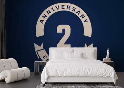 2 Year Anniversary Celebration with Golden Color for Celebration Event, Wedding, Greeting card, and Invitation Isolated on Blue Background Wall mural