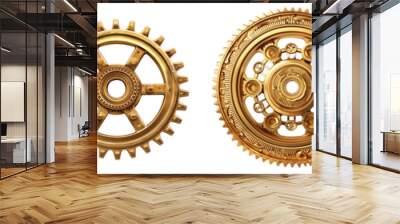 Set of a shiny gold gear wheel with intricate teeth and detailed engravings isolated on transparent background. Wall mural