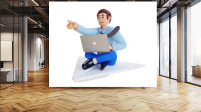 businessman with laptop flying on a huge paper airplane while pointing forward with hand 3d character illustration Wall mural